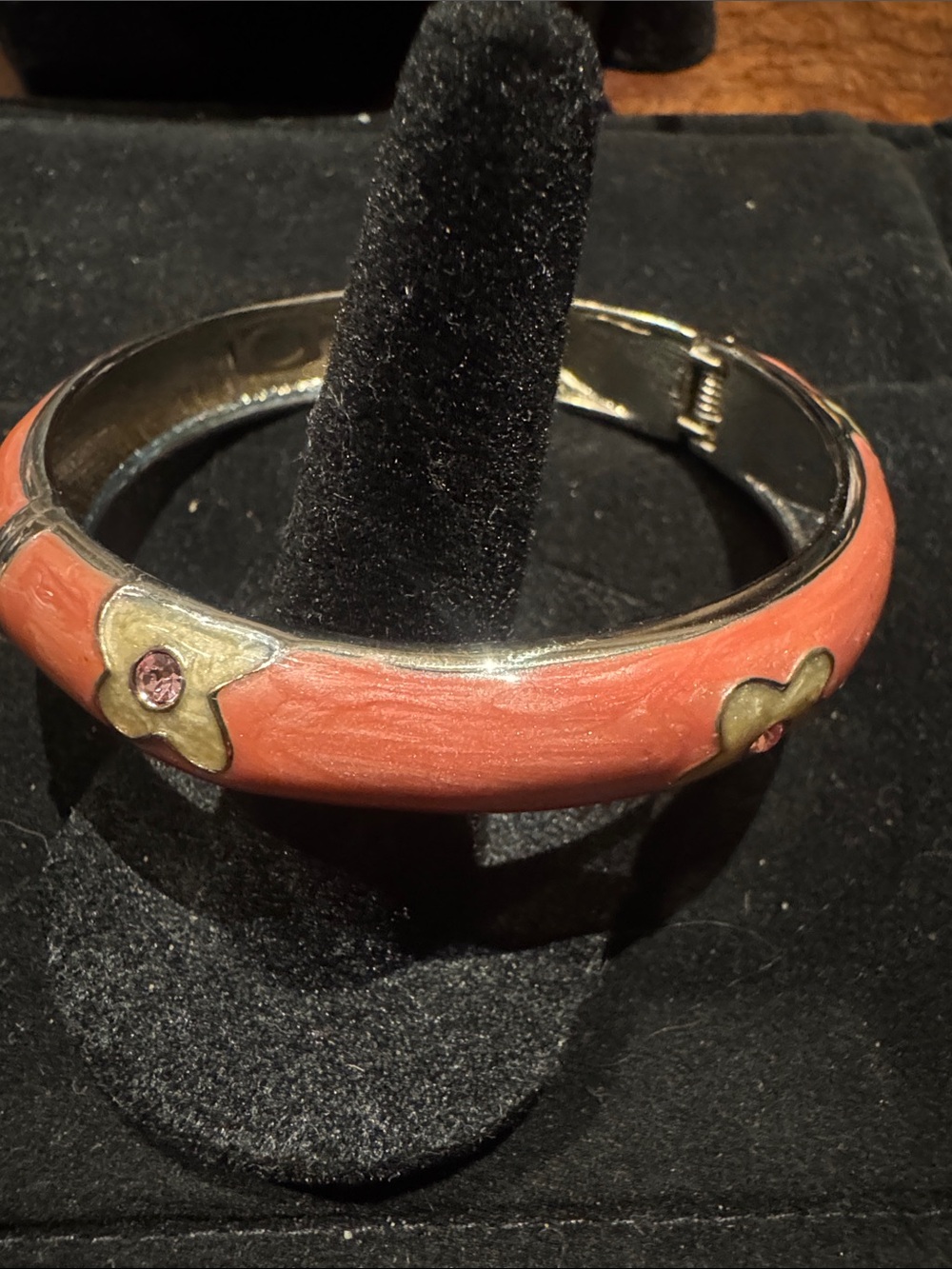 Coral Enamel Hinged Bangle Bracelet with Pink Crystals